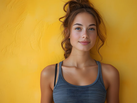 Young Woman With Brown Hair Smiling Against a Bright Yellow Wallの素材