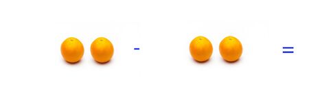 Mathematics for children or people who are learning math; Simple math problems with fruits and oranges, simple subtractionsの写真素材