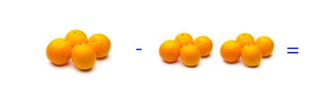 Mathematics for children or people who are learning math; Simple math problems with fruits and oranges, simple subtractionsの写真素材