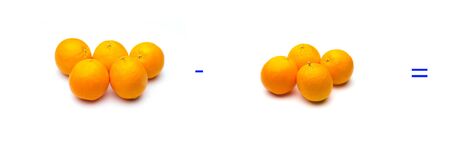 Mathematics for children or people who are learning math; Simple math problems with fruits and oranges, simple subtractionsの写真素材