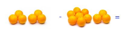 Mathematics for children or people who are learning math; Simple math problems with fruits and oranges, simple subtractionsの写真素材