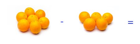 Mathematics for children or people who are learning math; Simple math problems with fruits and oranges, simple subtractionsの写真素材