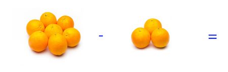 Mathematics for children or people who are learning math; Simple math problems with fruits and oranges, simple subtractionsの写真素材