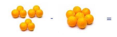 Mathematics for children or people who are learning math; Simple math problems with fruits and oranges, simple subtractionsの写真素材