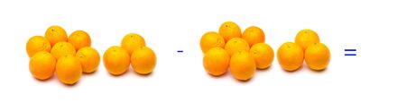 Mathematics for children or people who are learning math; Simple math problems with fruits and oranges, simple subtractionsの写真素材