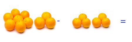 Mathematics for children or people who are learning math; Simple math problems with fruits and oranges, simple subtractionsの写真素材