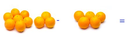 Mathematics for children or people who are learning math; Simple math problems with fruits and oranges, simple subtractionsの写真素材