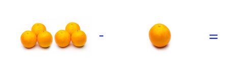 Mathematics for children or people who are learning math; Simple math problems with fruits and oranges, simple subtractionsの写真素材