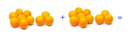 Calculation of sums graphically with oranges, sums of oranges; mathematical calculation not abstract, very real, add oranges, calculate the result of a sum with fruits or pieces.の写真素材