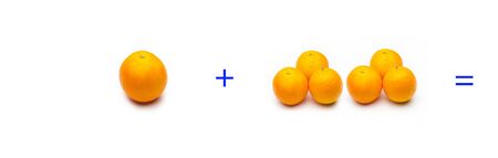 Calculation of sums graphically with oranges, sums of oranges; mathematical calculation not abstract, very real, add oranges, calculate the result of a sum with fruits or pieces.の写真素材