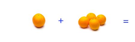 Calculation of sums graphically with oranges, sums of oranges; mathematical calculation not abstract, very real, add oranges, calculate the result of a sum with fruits or pieces.の写真素材