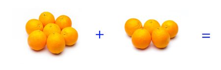 Calculation of sums graphically with oranges, sums of oranges; mathematical calculation not abstract, very real, add oranges, calculate the result of a sum with fruits or pieces.の写真素材
