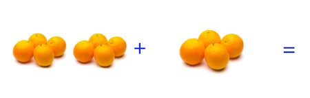 Calculation of sums graphically with oranges, sums of oranges; mathematical calculation not abstract, very real, add oranges, calculate the result of a sum with fruits or pieces.の写真素材