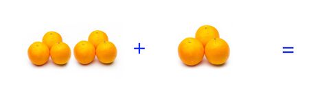 Calculation of sums graphically with oranges, sums of oranges; mathematical calculation not abstract, very real, add oranges, calculate the result of a sum with fruits or pieces.の写真素材