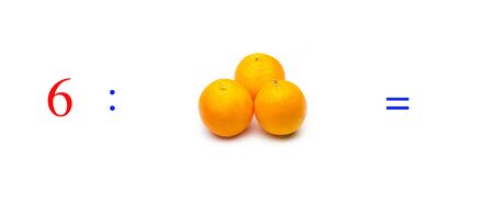 Simple problems of mathematical division with oranges, problems for children studying mathematics; learn to divide with fruits and objects and numbers, oranges and figures and numerical symbolsの写真素材