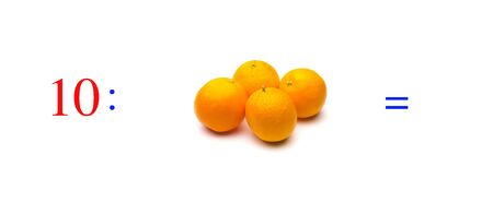 Simple problems of mathematical division with oranges, problems for children studying mathematics; learn to divide with fruits and objects and numbers, oranges and figures and numerical symbolsの写真素材