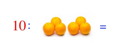 Simple problems of mathematical division with oranges, problems for children studying mathematics; learn to divide with fruits and objects and numbers, oranges and figures and numerical symbolsの写真素材