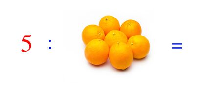 Simple problems of mathematical division with oranges, problems for children studying mathematics; learn to divide with fruits and objects and numbers, oranges and figures and numerical symbolsの写真素材