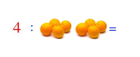 Simple problems of mathematical division with oranges, problems for children studying mathematics; learn to divide with fruits and objects and numbers, oranges and figures and numerical symbolsの写真素材