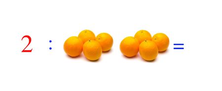 Simple problems of mathematical division with oranges, problems for children studying mathematics; learn to divide with fruits and objects and numbers, oranges and figures and numerical symbolsの写真素材