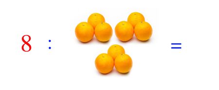 Simple problems of mathematical division with oranges, problems for children studying mathematics; learn to divide with fruits and objects and numbers, oranges and figures and numerical symbolsの写真素材