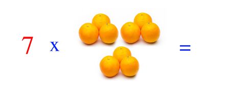 Simple problems of multiplying with oranges, mathematical problems for children who study and want to learn math and calculus; learn to multiply with fruits and numbers, oranges and figures and numerical symbolsの写真素材