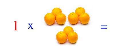 Simple problems of multiplying with oranges, mathematical problems for children who study and want to learn math and calculus; learn to multiply with fruits and numbers, oranges and figures and numerical symbolsの写真素材