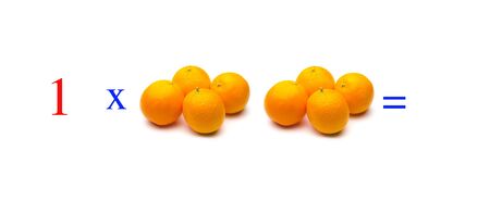 Simple problems of multiplying with oranges, mathematical problems for children who study and want to learn math and calculus; learn to multiply with fruits and numbers, oranges and figures and numerical symbolsの写真素材