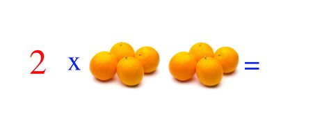 Simple problems of multiplying with oranges, mathematical problems for children who study and want to learn math and calculus; learn to multiply with fruits and numbers, oranges and figures and numerical symbolsの写真素材