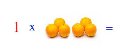 Simple problems of multiplying with oranges, mathematical problems for children who study and want to learn math and calculus; learn to multiply with fruits and numbers, oranges and figures and numerical symbolsの写真素材