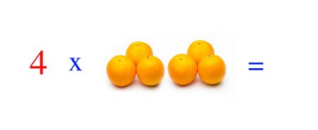Simple problems of multiplying with oranges, mathematical problems for children who study and want to learn math and calculus; learn to multiply with fruits and numbers, oranges and figures and numerical symbolsの写真素材