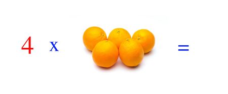 Simple problems of multiplying with oranges, mathematical problems for children who study and want to learn math and calculus; learn to multiply with fruits and numbers, oranges and figures and numerical symbolsの写真素材