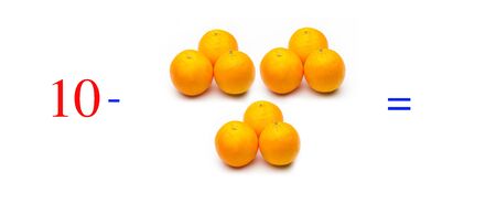 Simple subtraction problems with oranges, mathematical problems for children who study and want to learn math and calculus; learn to subtract with fruits and numbers, oranges and figures and numerical symbolsの写真素材