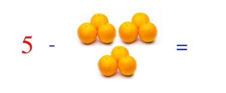 Simple subtraction problems with oranges, mathematical problems for children who study and want to learn math and calculus; learn to subtract with fruits and numbers, oranges and figures and numerical symbolsの写真素材