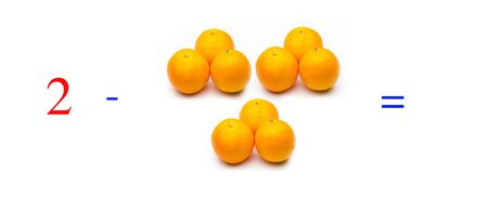 Simple subtraction problems with oranges, mathematical problems for children who study and want to learn math and calculus; learn to subtract with fruits and numbers, oranges and figures and numerical symbolsの写真素材