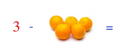 Simple subtraction problems with oranges, mathematical problems for children who study and want to learn math and calculus; learn to subtract with fruits and numbers, oranges and figures and numerical symbolsの写真素材