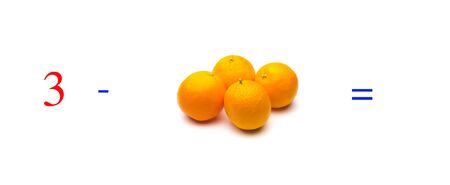 Simple subtraction problems with oranges, mathematical problems for children who study and want to learn math and calculus; learn to subtract with fruits and numbers, oranges and figures and numerical symbolsの写真素材