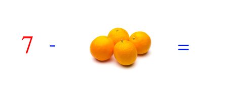 Simple subtraction problems with oranges, mathematical problems for children who study and want to learn math and calculus; learn to subtract with fruits and numbers, oranges and figures and numerical symbolsの写真素材