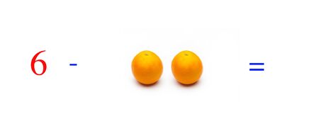 Simple subtraction problems with oranges, mathematical problems for children who study and want to learn math and calculus; learn to subtract with fruits and numbers, oranges and figures and numerical symbolsの写真素材