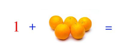 Simple problems of sums with oranges, mathematical problems for children who study and want to learn mathematics and calculus; learn to add with fruits and numbers, oranges and figures and numerical symbolsの写真素材
