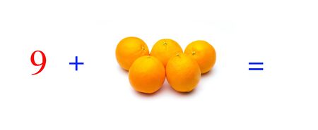 Simple problems of sums with oranges, mathematical problems for children who study and want to learn mathematics and calculus; learn to add with fruits and numbers, oranges and figures and numerical symbolsの写真素材