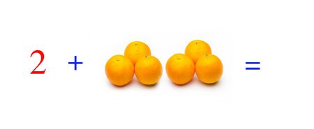 Simple problems of sums with oranges, mathematical problems for children who study and want to learn mathematics and calculus; learn to add with fruits and numbers, oranges and figures and numerical symbolsの写真素材