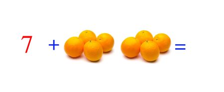 Simple problems of sums with oranges, mathematical problems for children who study and want to learn mathematics and calculus; learn to add with fruits and numbers, oranges and figures and numerical symbolsの写真素材