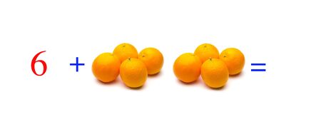 Simple problems of sums with oranges, mathematical problems for children who study and want to learn mathematics and calculus; learn to add with fruits and numbers, oranges and figures and numerical symbolsの写真素材