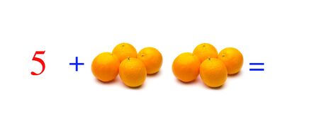 Simple problems of sums with oranges, mathematical problems for children who study and want to learn mathematics and calculus; learn to add with fruits and numbers, oranges and figures and numerical symbolsの写真素材