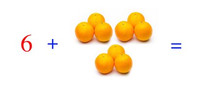Simple problems of sums with oranges, mathematical problems for children who study and want to learn mathematics and calculus; learn to add with fruits and numbers, oranges and figures and numerical symbolsの写真素材