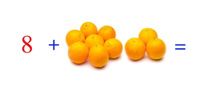 Simple problems of sums with oranges, mathematical problems for children who study and want to learn mathematics and calculus; learn to add with fruits and numbers, oranges and figures and numerical symbolsの写真素材