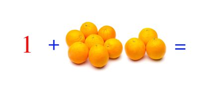 Simple problems of sums with oranges, mathematical problems for children who study and want to learn mathematics and calculus; learn to add with fruits and numbers, oranges and figures and numerical symbolsの写真素材