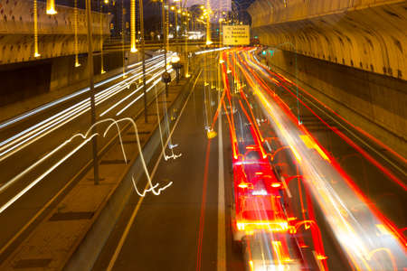 Night view of the ring roads of the city of Barcelona, Catalonia, Spain, Europe. Vehicle traffic in the city of Barcelona at night.の写真素材
