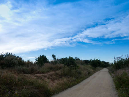Rural road for walkers and farmers to reach their farms. Tranquility and solitude on the dirt road with little slope, near the Llobregat river in the Mediterranean province of Barcelona.の写真素材